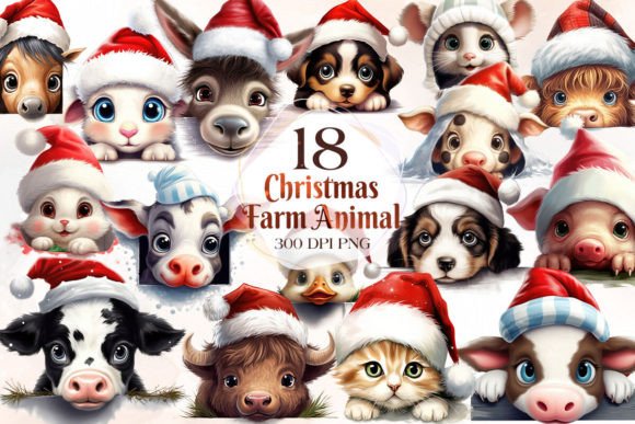 Christmas Farm Animal Peeking Clipart: 18 Adorable PNGs for Holiday Projects
